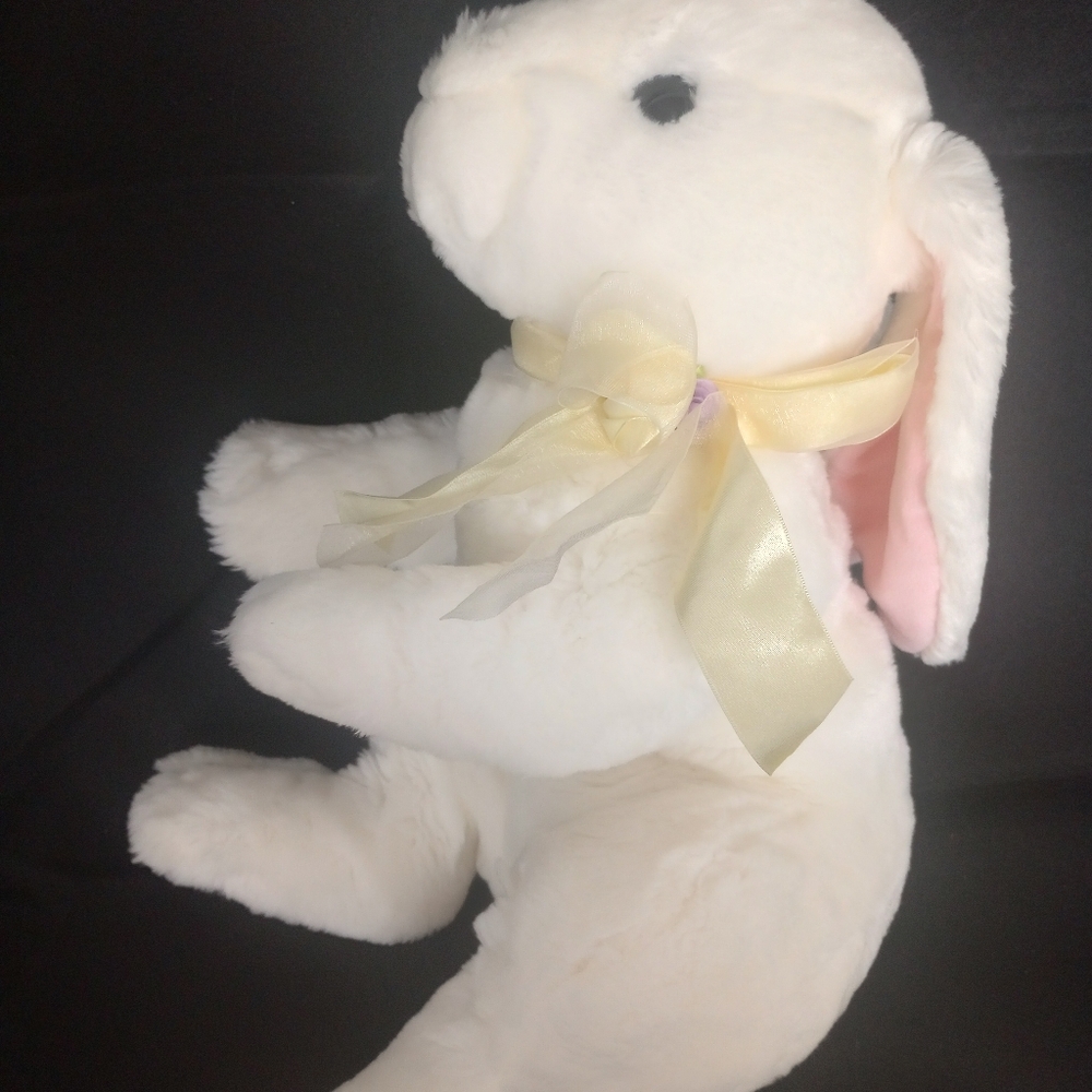 Commonwealth White Plush Stuffed Easter Bunny Rabbit Yellow Bow 15" Realistic